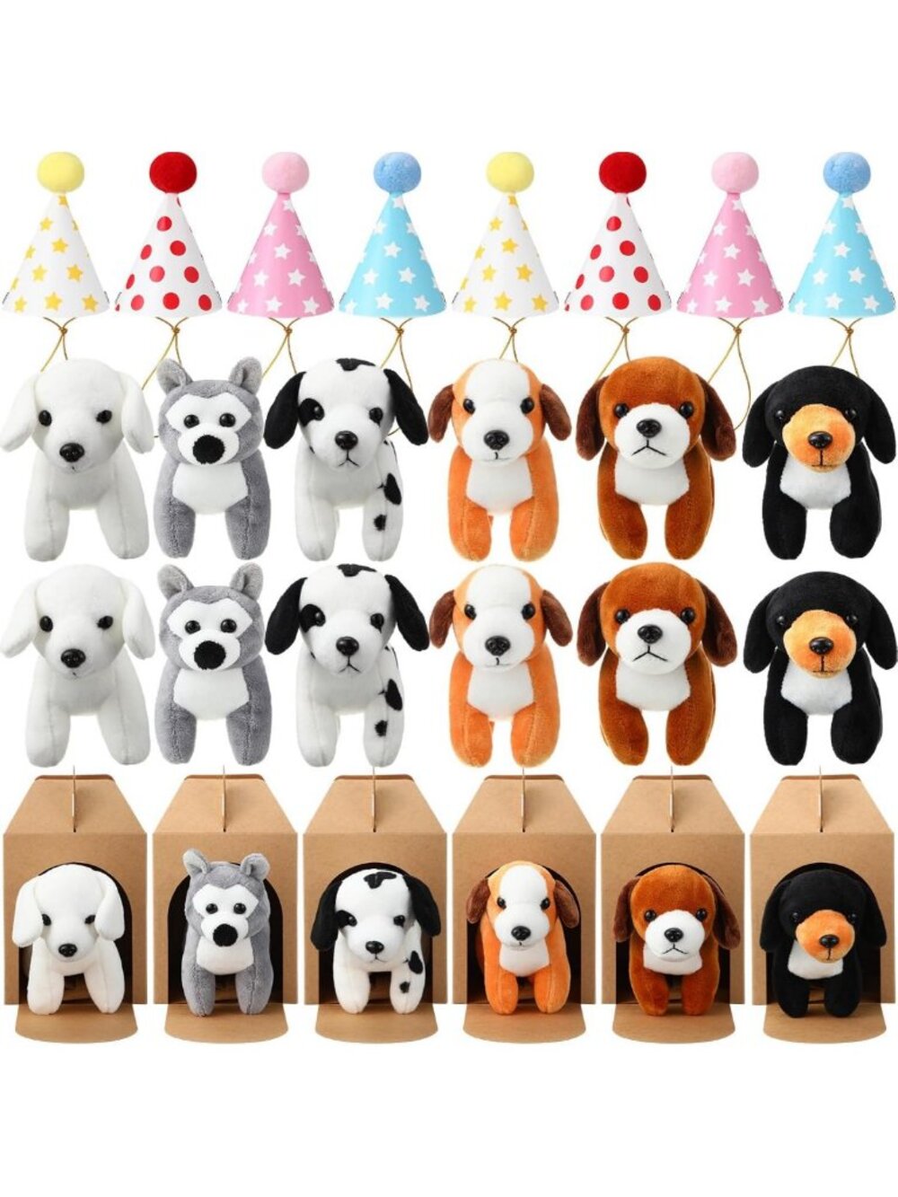12 Mini Plush Dog Stuffed Animals Set with Birthday Hats & Gift Boxes - Party